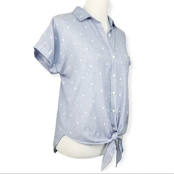 Anthropologie Cloth and Stone Clip Dot Button Down Short Sleeve Tie Front Top - Picture 3 of 10